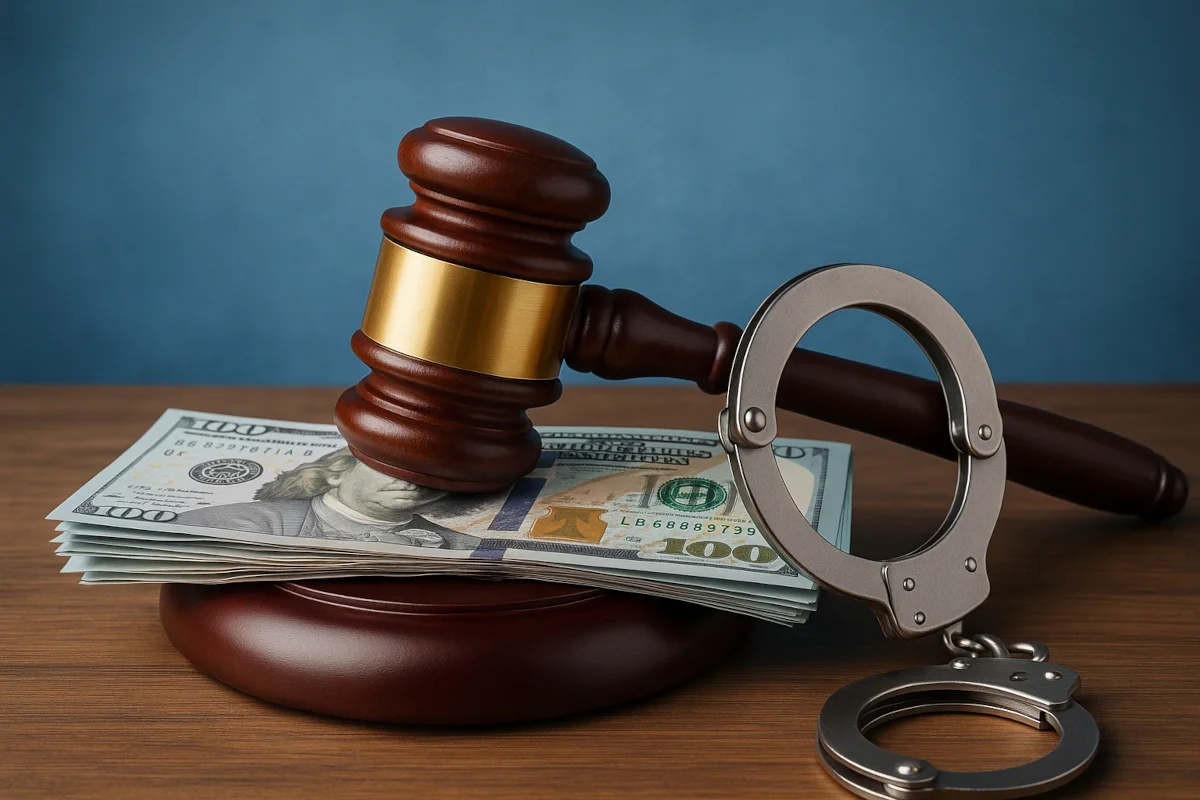 Gavel resting on 100 dollar bills with handcuffs.